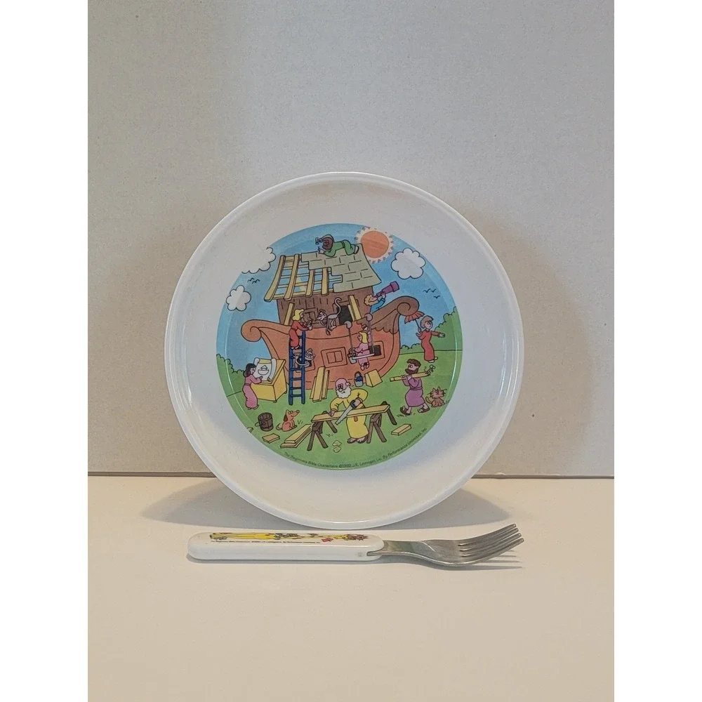 Vtg 90s Noah's Ark Children Cereal Bowl Zak Melamine Ware  Fork Beginner Bible